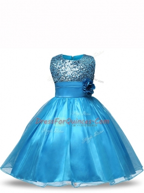 Knee Length Baby Blue Little Girls Pageant Gowns Scoop Sleeveless Zipper