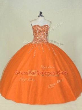 Exquisite Orange Mermaid Sweetheart Sleeveless Tulle Floor Length Lace Up Beading Quinceanera Dresses