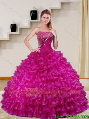 2015 Pretty Fuchsia Quince Dress with Beading and Ruffled Layers