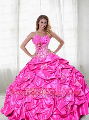 Best Seller Hot Pink Appliques and Pick Ups Quincenera Dress