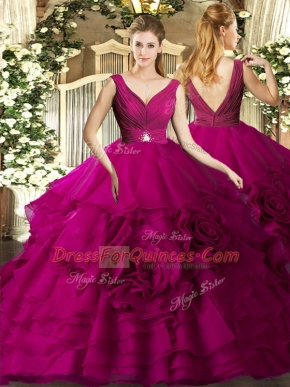 Sumptuous V-neck Sleeveless Backless Vestidos de Quinceanera Fuchsia Organza