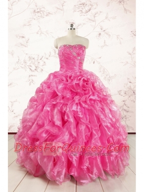 2015 Pretty Hot Pink Quinceanera Dresses with Appliques and Ruffles
