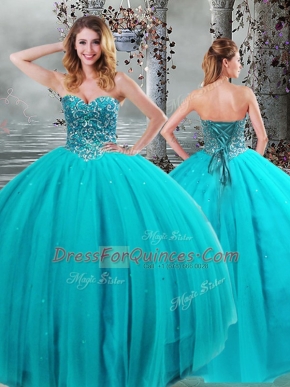 Aqua Blue Lace Up Sweetheart Beading Sweet 16 Dress Tulle Sleeveless