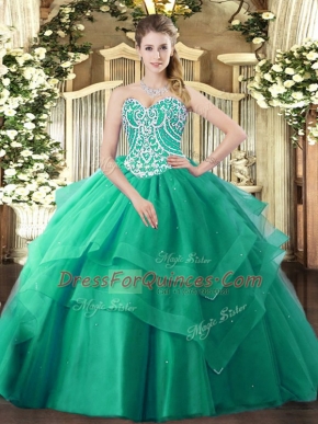 Turquoise Lace Up Sweetheart Beading and Ruffled Layers Ball Gown Prom Dress Tulle Sleeveless