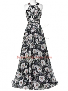 Designer Multi-color Printed Zipper Halter Top Sleeveless Floor Length Dress for Prom Ruching