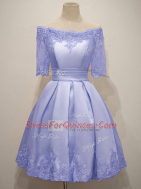 Fabulous Lavender Dama Dress for Quinceanera Prom and Party and Wedding Party with Lace Off The Shoulder Half Sleeves Lace Up