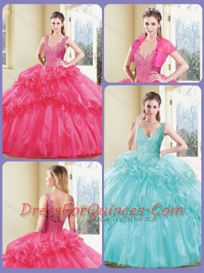 2016 Modest V Neck Quinceanera Dresses with Appliques and Ruffles