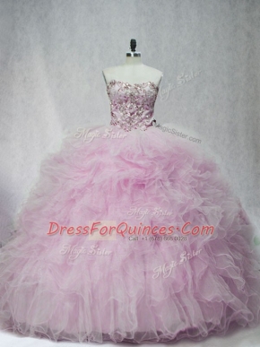 Lilac 15 Quinceanera Dress Sweet 16 and Quinceanera with Beading and Ruffles Sweetheart Sleeveless Brush Train Lace Up