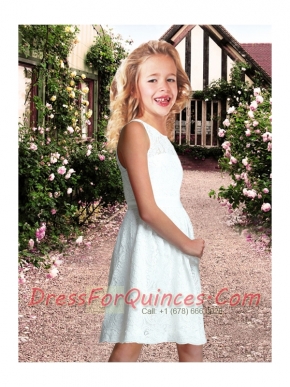 Elegant Empire Bateau Knee-length 2014 Flower Girl Dress with Lace