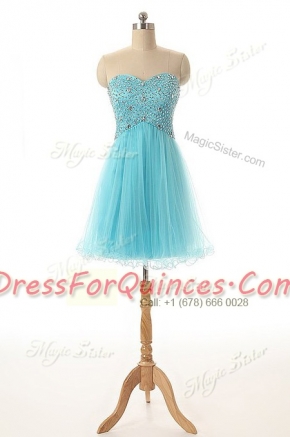 Affordable Aqua Blue A-line Beading Homecoming Dress Lace Up Tulle Sleeveless Knee Length
