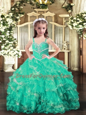 Adorable Turquoise Organza Lace Up Straps Sleeveless Floor Length Kids Pageant Dress Beading and Ruffles