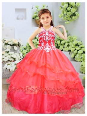 Organza Red Halter Ball Gown Little Girl Pageant Dress with Beading
