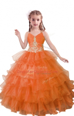 Orange Red Ball Gowns V-neck Sleeveless Organza Floor Length Zipper Beading and Ruffled Layers Little Girls Pageant Dress Wholesale
