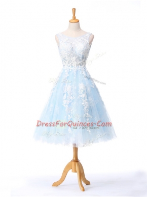 Suitable Knee Length Light Blue Dama Dress for Quinceanera Scoop Sleeveless Backless