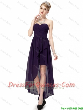 Cheap High Low Sweetheart Purple Prom Dresses with Ruching