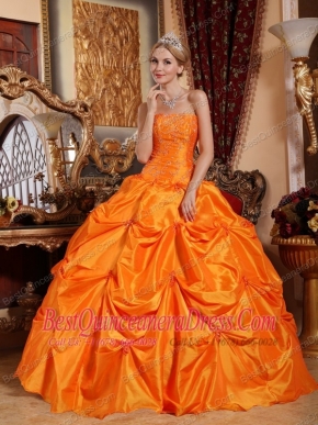 Orange Red Ball Gown Strapless Floor-length Taffeta Beading Quinceanera Dress