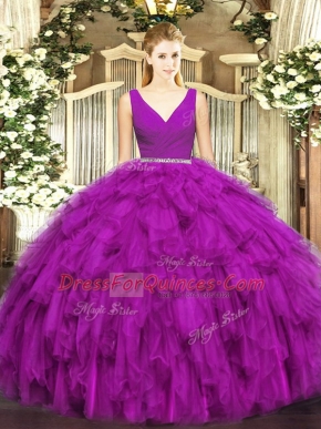 Designer Fuchsia Two Pieces Tulle V-neck Sleeveless Beading and Ruffles Floor Length Zipper Quinceanera Dresses