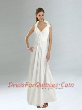 Simple Halter Empire Ruching and Hand Made Flowers Dama Dress