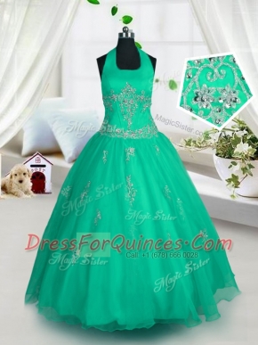 Trendy Halter Top Green Tulle Lace Up Flower Girl Dresses for Less Sleeveless Floor Length Appliques