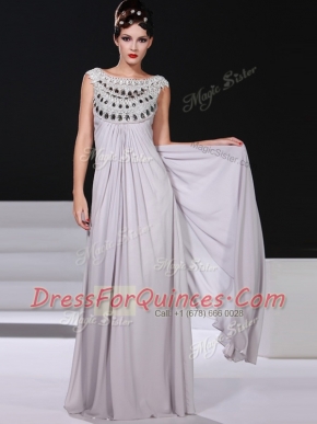 New Style Sleeveless Chiffon Floor Length Side Zipper Evening Dress in Silver with Beading and Lace