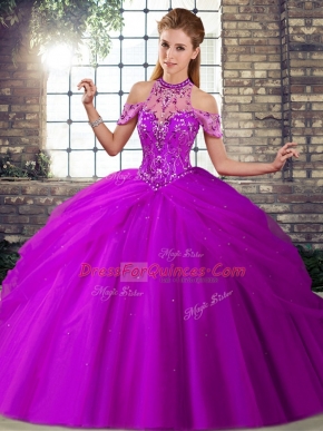 Flare Lace Up Sweet 16 Dresses Purple for Military Ball and Sweet 16 and Quinceanera with Beading and Pick Ups Brush Train