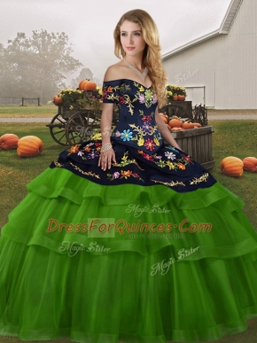 Vintage Sleeveless Embroidery and Ruffled Layers Lace Up Ball Gown Prom Dress with Green Brush Train