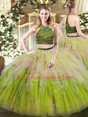 Tulle Halter Top Sleeveless Lace Up Beading and Ruffles Quinceanera Dress in Multi-color