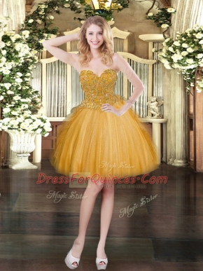 Mini Length Gold Prom Gown Sweetheart Sleeveless Lace Up