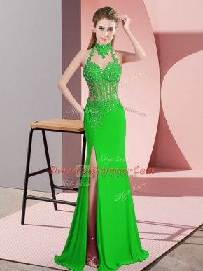 Sleeveless Floor Length Lace and Appliques Backless Prom Evening Gown with Green