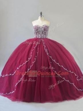 Pretty Sleeveless Beading Lace Up Quinceanera Dress with Burgundy Brush Train