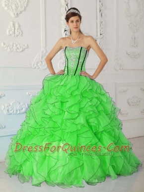 Sweetheart Ruffles Spring Green Organza Appliques Ball Gown 2014 Spring Quinceanera Dresses