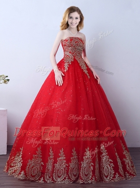 Sexy Red Ball Gowns Tulle Strapless Sleeveless Appliques and Sequins Floor Length Lace Up Quinceanera Dress