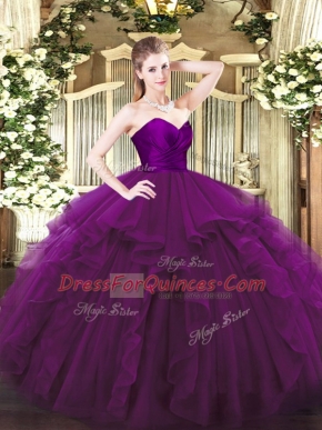 Smart Ball Gowns Sweet 16 Dresses Purple Sweetheart Tulle Sleeveless Floor Length Zipper