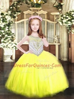 Sleeveless Floor Length Beading Zipper Kids Formal Wear with Yellow