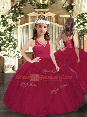 Burgundy Tulle Zipper V-neck Sleeveless Floor Length Pageant Dresses Ruffles and Ruching