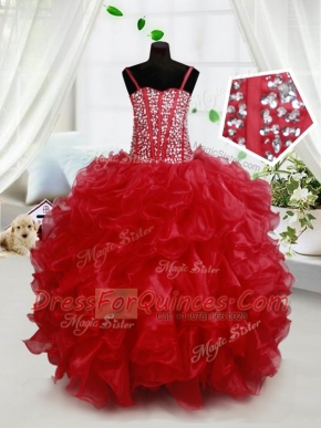 Suitable Spaghetti Straps Sleeveless Girls Pageant Dresses Floor Length Beading and Ruffles Red Organza
