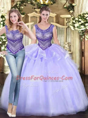 Most Popular Lavender Ball Gowns Scoop Sleeveless Tulle Floor Length Lace Up Beading and Ruffles Ball Gown Prom Dress
