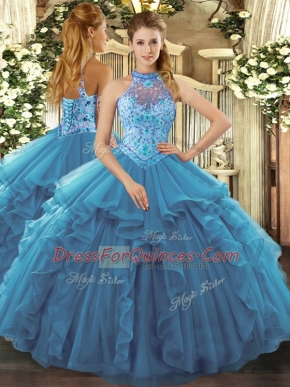 Floor Length Teal 15th Birthday Dress Halter Top Sleeveless Lace Up