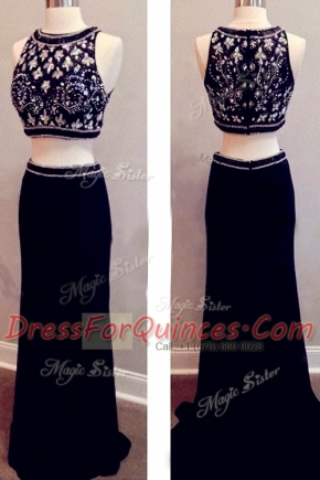 Scoop Sleeveless Brush Train Zipper With Train Beading Prom Dresses