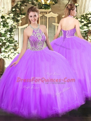 Lilac Halter Top Lace Up Beading Quinceanera Gowns Sleeveless