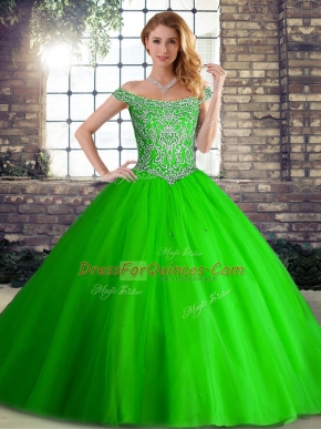 Green Sleeveless Tulle Brush Train Lace Up 15th Birthday Dress for Military Ball and Sweet 16 and Quinceanera