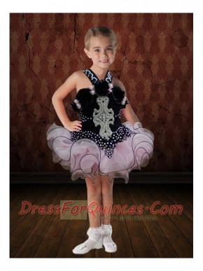 Exquisite Ball Gown Halter Mini-length Appliques Black and Pink Little Girl Dress