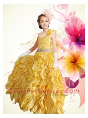 Beautiful One Shoulder Column Ruffles 2014 Little Girl Pageant Dress in Gold