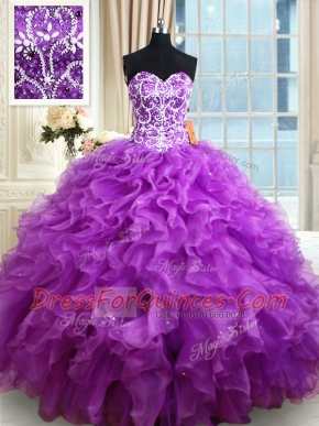 Cheap Eggplant Purple Sweetheart Neckline Beading and Ruffles Quinceanera Dress Sleeveless Lace Up