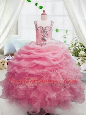 Watermelon Red Ball Gowns Organza Square Sleeveless Beading and Ruffles and Pick Ups Floor Length Zipper Girls Pageant Dresses