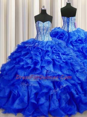 Visible Boning Sweetheart Sleeveless Brush Train Lace Up Quinceanera Gown Royal Blue Organza