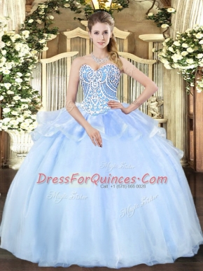 Chic Light Blue Organza Lace Up Sweetheart Sleeveless Floor Length Quinceanera Dresses Beading