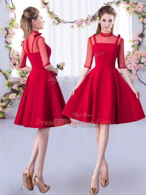 Adorable High-neck Half Sleeves Satin Vestidos de Damas Ruching Zipper