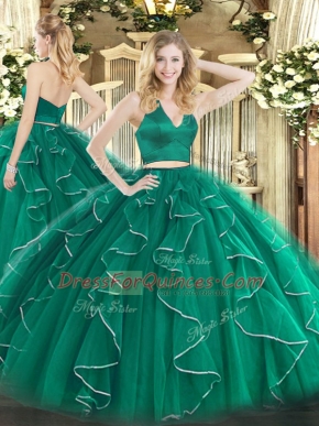 Nice Dark Green Sleeveless Ruffles Floor Length Vestidos de Quinceanera