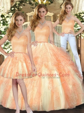 Orange Three Pieces Beading and Ruffles 15 Quinceanera Dress Lace Up Organza Sleeveless Floor Length